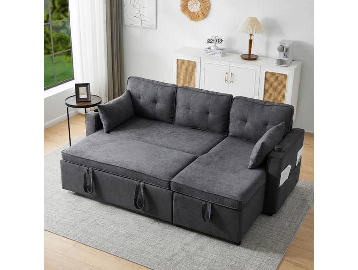 Canapé-lit d'angle en L - KOMHTOM - Convertible 3 places - Réversible - Coffre de rangement - Gris