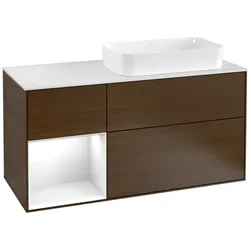 Villeroy und Boch Finion Waschtischunterschrank F271GFGN 120cm, Abdeckplatte white matt, Regal links Glossy white lacquer, Walnut veneer