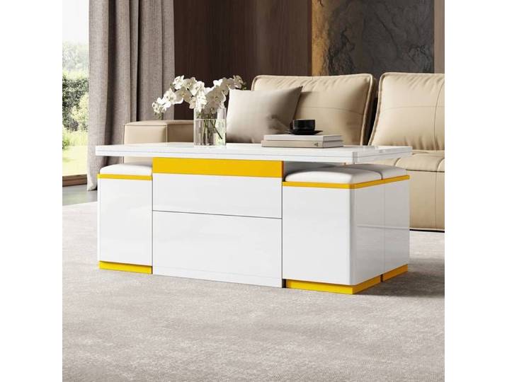 Table basse relevable 100x50x43 cm blanc laqué hauteur réglable rabattable multifonction
