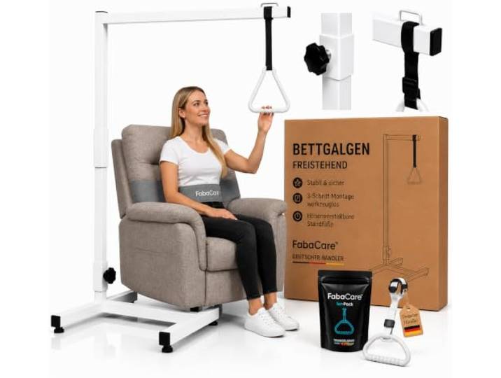 FabaCare Bettgalgen mit Trapezgriff bis 100 kg Mobile Aufrichthilfe & Aufstehhilfe fürs Bett – inkl. Ersatzgriff für größere Hände – höhenverstellbar, Stabiler Bettaufrichter/Bettgriff