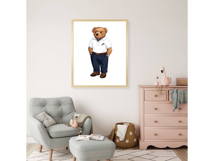 Bild mit Rahmen QUEENCE Vintage Polo Club Teddy Bär , braun (farbe rahmen: beige, farbe bild(er): blau), B:30cm H:40cm T:1,5cm, Acrylglas, Holzrahmen, Bilder, Bild mit Rahmen, HD Premium Poster-Druck inkl. Echtholzrahmen in beige