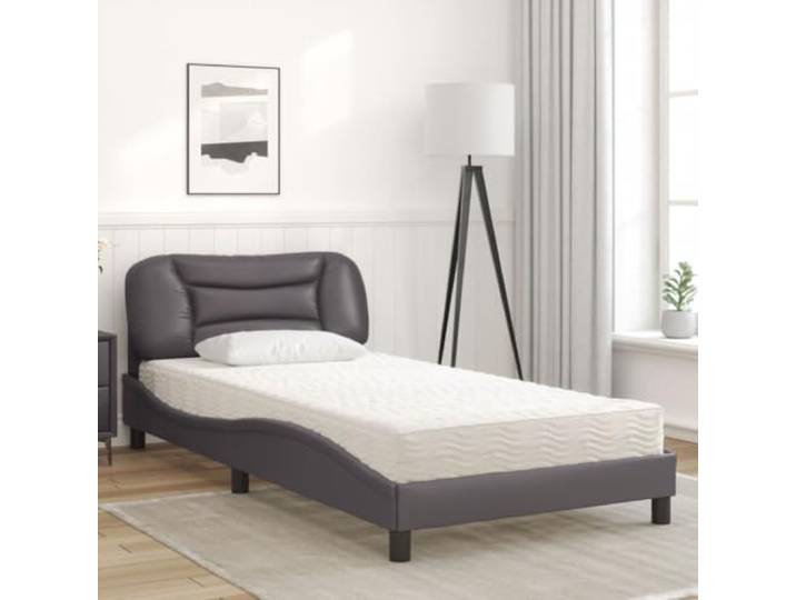 KTHLBRH Bett mit Matratze Hvar Grau 100 x 200 cm aus Kunstleder PU-Schaumstoff 22D, Härtegrad H2 und H3, gepolstertes Kopfteil, Lattenrost im Lieferumfang enthalten