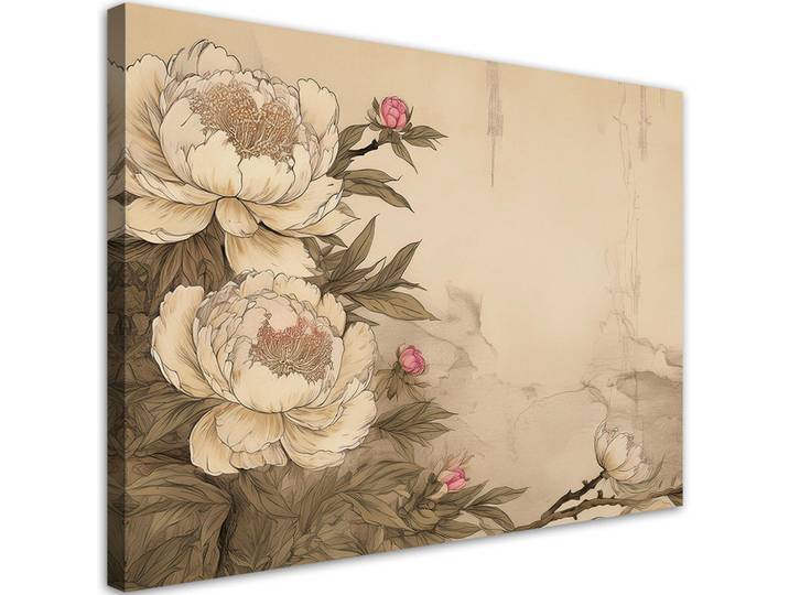 Feeby Wandbild pfingstrosen blumen retro beige, Beige, Floral, Rechteckig, 90x60 cm, Bilder & Rahmen, Bilder, Leinwandbilder