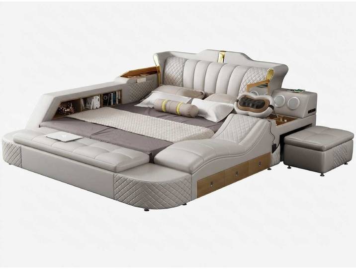 Xlmoebel Multimediabett Stilvolles Polsterbett mit Bettkasten und USB-Anschluss (1-tlg., 1-tlg), USB-Anschluss, Bluetooth-Audiosystem, klappbarer Schminktisch