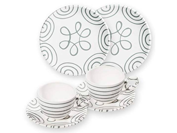 GMUNDNER KERAMIK Breakfast for two Classic Geschirrset Graugeflammt Geschirr, handgemacht in Österreich