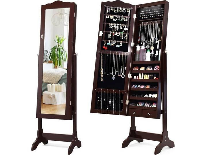 GOPLUS Armoire à Bijoux sur Pied avec Miroir Meuble à Bijoux de Dessus d'Arc avec 14 Lumières LED 6 Étagères de Rangement Marron