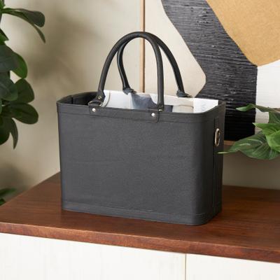 ARCILLA ELEMENTAL "Black Leather Handmade Box Style Single Slot Decorative Magazine Holder with Arched Handles - 9""W x 15""L x 17""H"