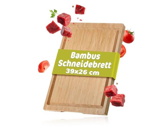 RÖSLE Schneidebrett Basic Line - 39 x 26cm, hochwertiges Bambus Schneidebrett mit Saftrille und rutschfesten Gummifüßen, einsetzbar als Schneid- und Servierbrett, robustes Holzbrett für die Küche