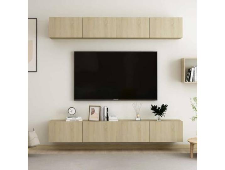 HEFZGDB TV-Schrank Set 4 STK. Sonoma-Eiche 100x30x30 cm Holzwerkstoff Wandmontage mit Staufächern für Aufbewahrung Zeitloses Design
