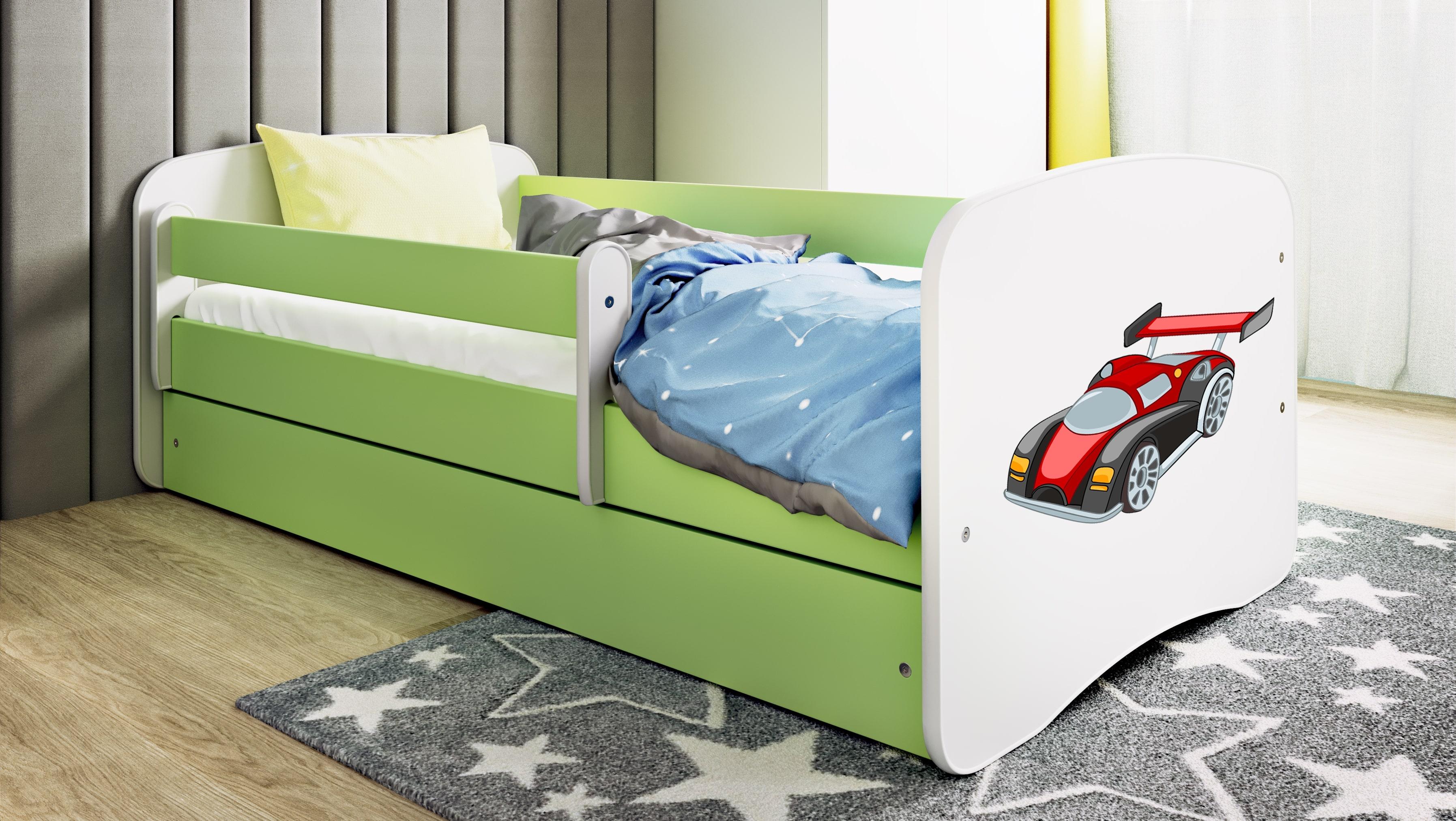 Kinderbett Jugendbett Rennwagen 70x140, 80x160, 80x180 cm - Komplettset mit Schublade & Rausfallschutz