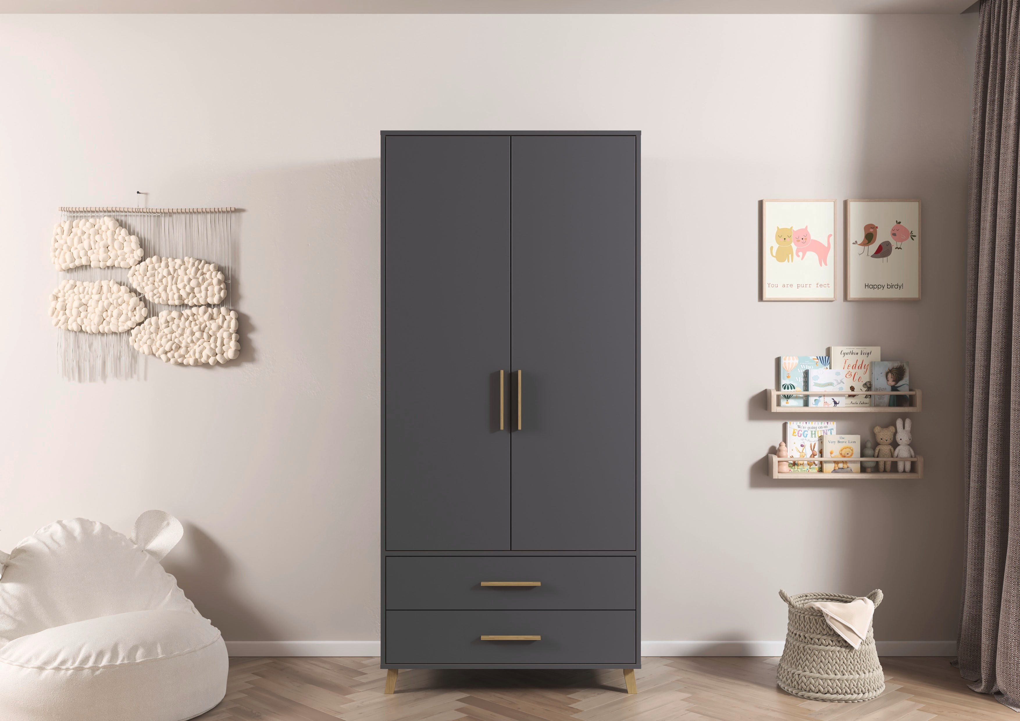 rauch "Kleiderschrank Schrank Garderobe SHINJO Breiten 93/140/187 cm" in 3 verschiedenen Ausstattungen BASIC/CLASSIC/PREMIUM, Griffe und Füsse aus Massivholz mit 2 Schubladen MADE IN GERMANY graumetallic B/H/T: 93cm x 203cm x 53cm, Basic
