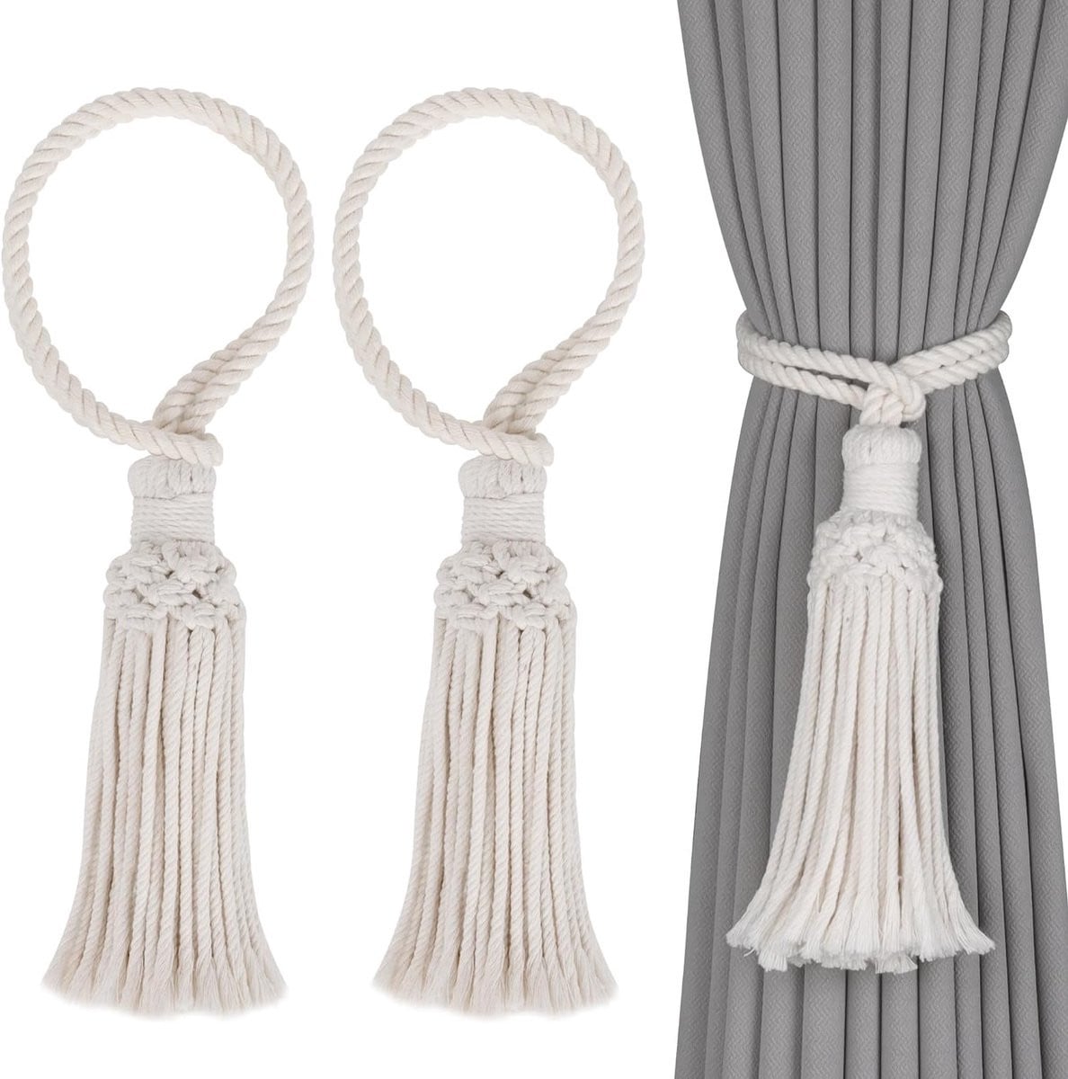 Boho Decoratieve Gordijn Ties - Handgeweven Katoenen Gordijnhouders met Kwastjes en Touw, 2 Stuks, Beige