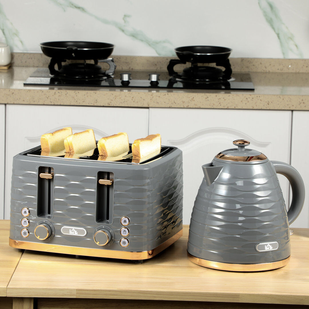 HOMCOM Kettle and Toaster Set 1.7L Rapid Boil Kettle & 4 Slice Toaster Grey 1.7L