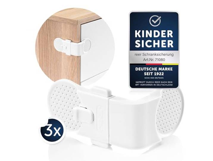 reer Schrank- und Schubladensicherung, 3 Kleberiegel, Kinderschutz, Weiß