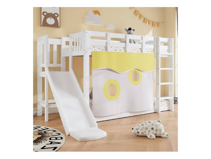 HAUSS SPOLE Etagenbett 90x200 mit Treppe&Zäune,Kinderbett Bettgestell mit Rutsche&Bettvorhang (mit Treppe, Rutsche, Bettvorhang, Fallschutzgitter und Seitenschutz, 90x200cm), ohne Matratze