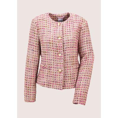 Jackenblazer MADELEINE "Tweed-Blazer Eleganter Businessblazer mit Hornknöpfen", Damen, Gr. 42, weiß (perlweiß, blassrosa, multicolor), Obermaterial: 100% Polyester PES., Modern, Blazer, Tweed-Blazer