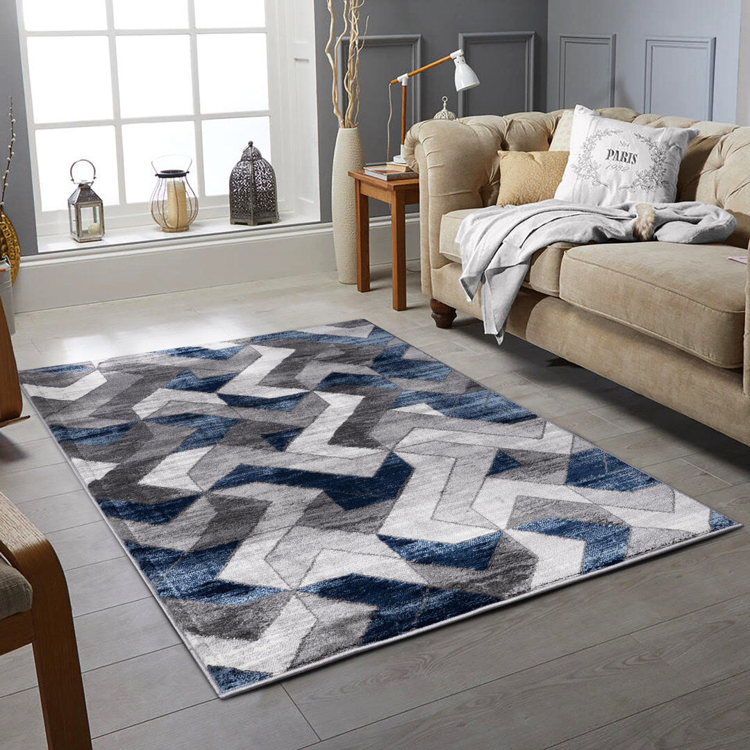 George Oliver Ashingt Geometric Area Rug Navy Blue /Grey Rectangle 120 x 170cm