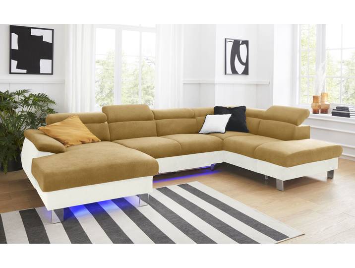 Wohnlandschaft, Microfaser PRIMABELLE, Beige/Gelb, 320 cm, Mit Bettfunktion & RGB-LED-Beleuchtung, Cotta