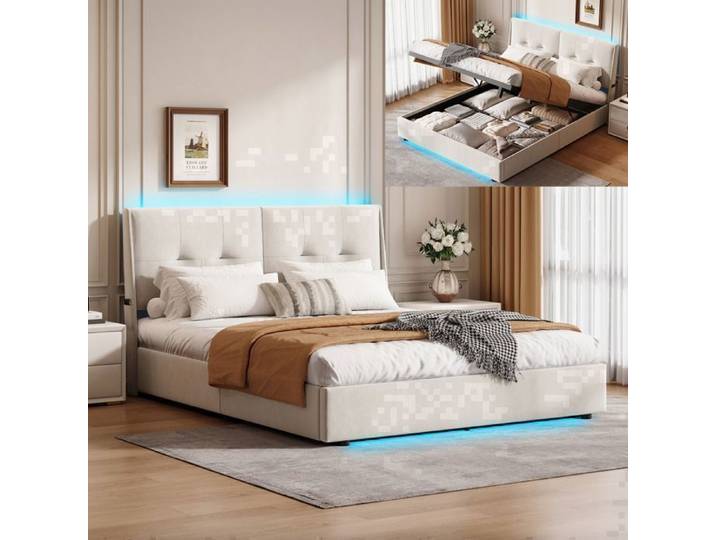 Lit 160x200 cm - LED - tissu en Velours - cadre de lit adulte - lit adulte 160x200 cm - 160x200 cm - Beige