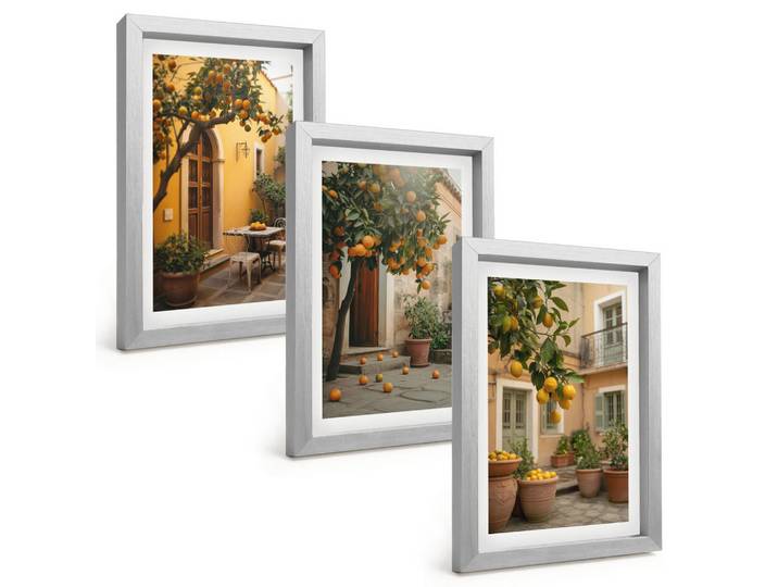 Tulup Bilder SET 3er Set - 20x30 cm Silberner Rahmen - Garten-Zitrus-Sonne, Silberfarben, Kunststoff, Rechteckig, 20x30 cm, gerahmt, Bilder & Rahmen, Bilder