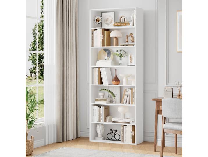 Getone Bibliothèque 7 Niveaux Bibliotheque Meuble de Rangement Étagère de Rangement Bibliothèques pour Salon Chambre Bureau 60 x 23,5 x 209,5 cm, Blanc/Noir/Chêne