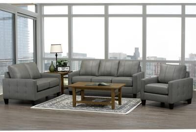 Roy Mid Century Modern Grey Top Grain Italian Leather Tufted Sofa, Loveseat and Chair