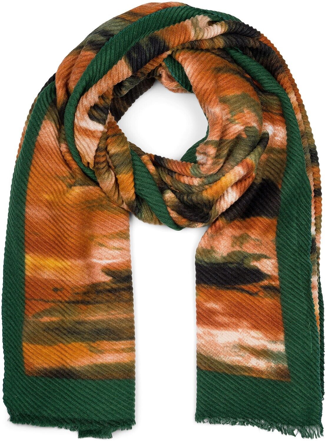 Schal STYLEBREAKER "Plissierter Schal mit Pinselstrich Muster", Damen, grün (dunkelgrün, cognac, schwarz), Obermaterial: 100% Polyester PES., Modisch, Modetücher Schal