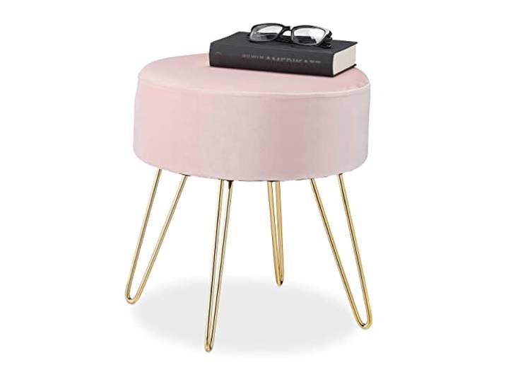 Relaxdays Pouf Coiffeuse\, Rond\, élégant\, Pieds dorés en métal\, Moderne\, Tabouret Velours\, HxD: 40x40 cm\, Rose
