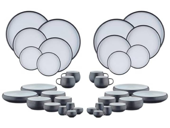 BJORN GOURMET Geschirrset – 36-teiliges Service für 4 Personen, modernes Geschirr Set mit Tellern, Schalen & Tassen, Design Schwarz Onyx & Weiß
