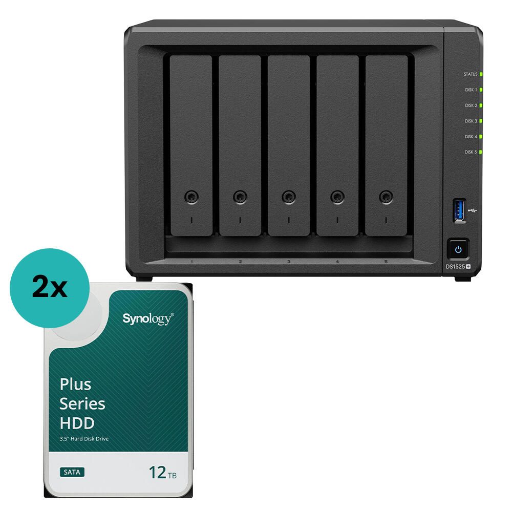 Synology DiskStation DS1525+ 5 Einschübe NAS-Server Leergehäuse (DS1525+) + 2x Synology Plus 3.5" SATA 6Gb/s Festplatte 12 TB DS1525+HAT3310-12T