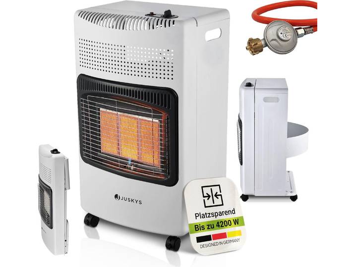 Juskys Keramik Gasheizung GS42US - Weiß - 4200 Watt mit 3 Heizstufen, Druckregler & Schlauch - Mobil, effizient & energiesparend - Gasheizer Gasheizofen Gasheizgerät Heizstrahler