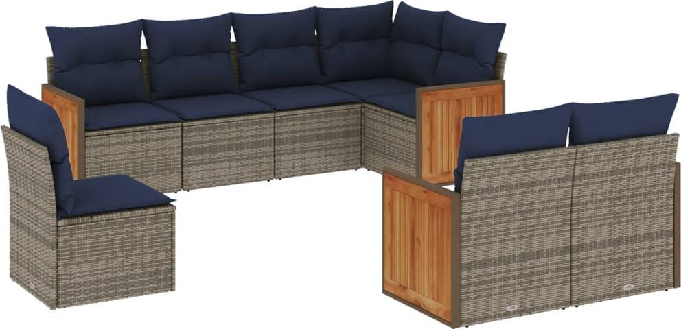 8-teiliges Gartensofa-Set mit Kissen, grau, Polyrattan