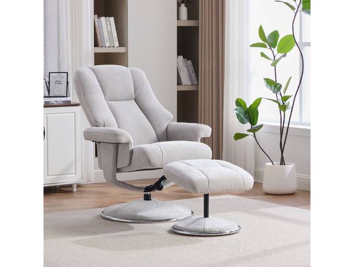 Fauteuil Relaxant Pivotant 360° en Tissu Chenille avec Pouf - Siège Inclinable avec Socle en Métal - Design Ergonomique - Gris