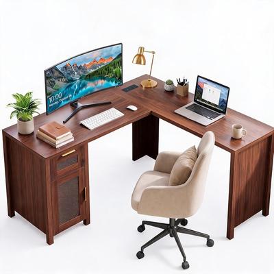 YUN L Shaped Desk, Tech Wood Home Office Computer Desk with Power Outlet