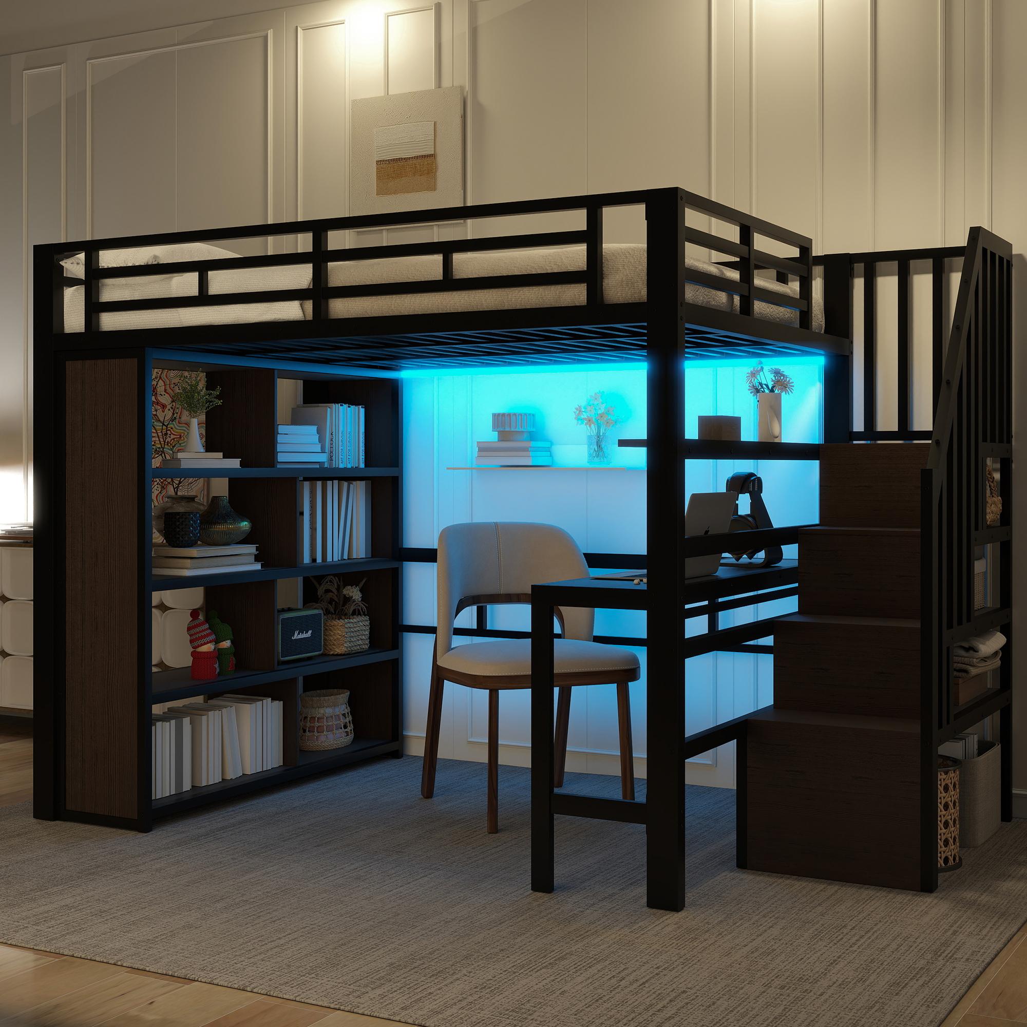 Merax Etagenbett Hochbett 140x200cm, Stockbett mit Schreibtisch, Treppe mit Stauraum, Ablagefächern, LED Lichtleiste, Kinderbett, Stockbett, Schwarz