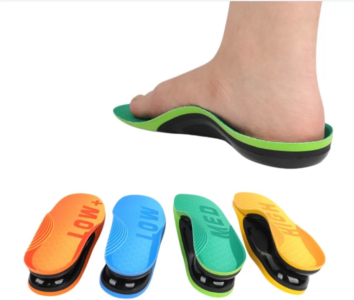 INF Gelbe ergonomische Einlegesohle mit hohem Fußgewölbe 3.5cm – laterale Unterstützung, stoßdämpfend und atmungsaktiv L