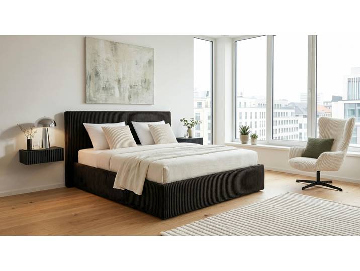 Polsterbett GOODPRODUCT AVVRA wahlweise mit Lattenrost und King-Matratze H3 (28cm) , schwarz, B:201cm H:118cm L:220cm, Betten, Polsterbett, mit flauschigen Breitcord-Bezug, Liegefläche 180x200cm