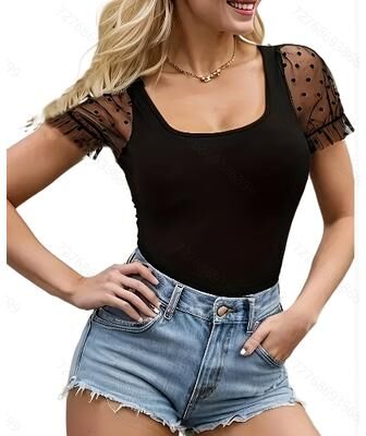 Lush Living Finds Polka Dot Scoop Neck Summer Top For Women Casual Short Sleeve Blouses black l