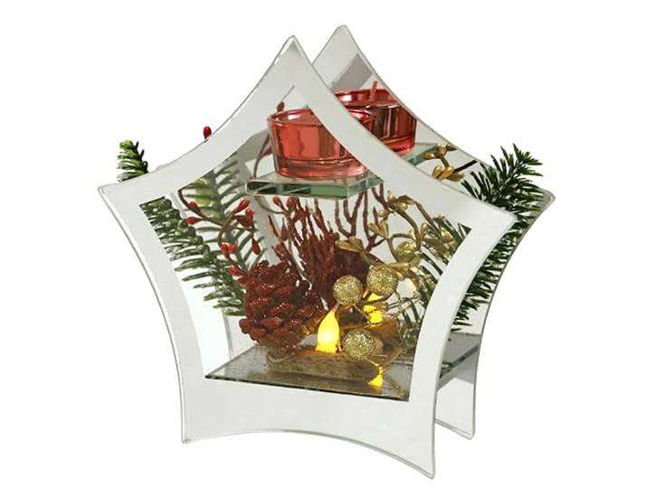 Dekoriertes Deko-Objekt aus Glas mit Tannenzweigen Dekozweigen und LED Licht Lampe Kerzenhalter Stimmungslicht Weihnachtsdeko Dekoration Weihnachten Glas Geschenk Dekoobjekt Ornamente 3D Bild