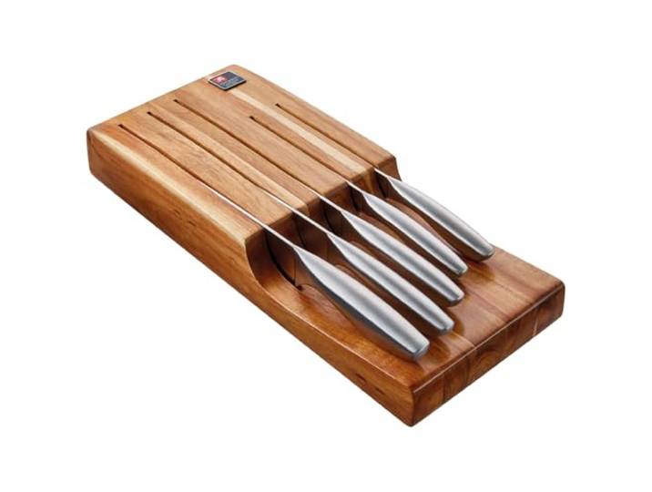 Richardson Sheffield Forme Messerset mit Schubladenblock Edelstahl Küchenmesser mit Block, Messerblock mit Kochmesser, Sensorischer Griff - Akazienholz