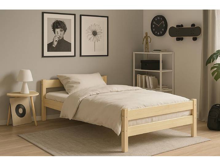 Lit individuel en bois massif Aleks 80 x 200cm Avec sommier à lattes & matelas Bois/Beige
