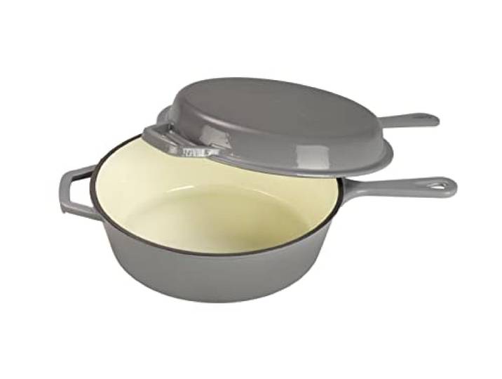 Echtwerk Schmortopf und Grillpfanne 2-in-1 Set, Gusseisen Bräter mit Deckel, Gusseisentopf mit Emaille-Beschichtung, Für Backöfen, Grill, BBQ und Induktion geeignet, Grau, 2,5 L