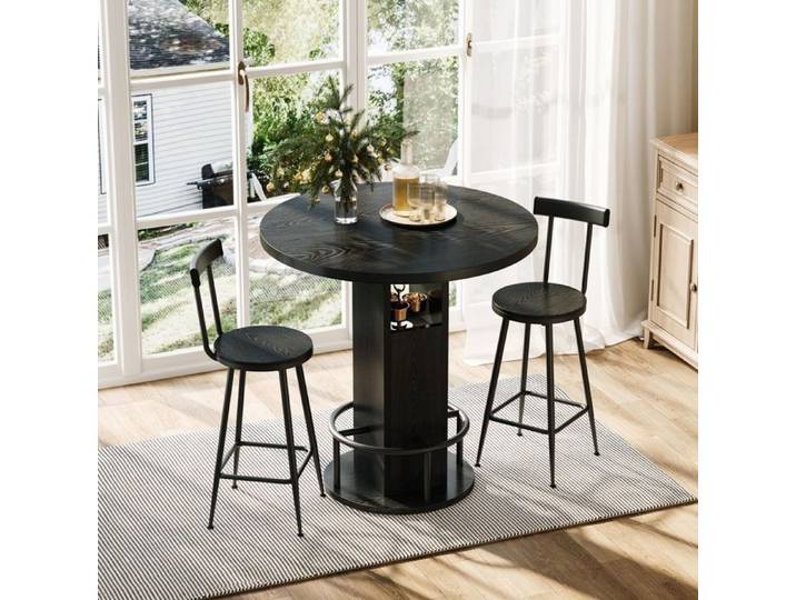 Ensemble Table Et Chaises De Bar Trois PièCes : Table De Bar Ronde De 80 Cm + Deux Tabourets De Bar Noir