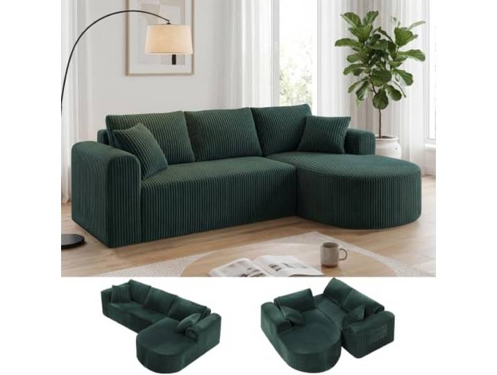 COMHOMA Ecksofa mit Schlaffunktion, 263cm Corduroy Modulares Boneless Couch mit Chaiselongue, L-Form Schlafsofa, Sektionssofas mit Kissen & Seitentaschen,Sofa für Wohnzimmer, Keine Montage, Grün