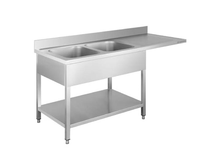 GastroHero Spülzentrum, 2 Becken, 160x70 cm, Edelstahl SPZT-BASIC16X7L2 2 Becken links 40x50 cm, Abtropffläche rechts, mit 10 cm Aufkantung & Grundboden, für Gastronomie & Profi-Küche