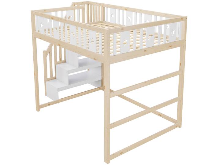 Lit Mezzanine Enfant 140x200 Cm Avec Escalier\, Rangements Et Décor Lune Étoile