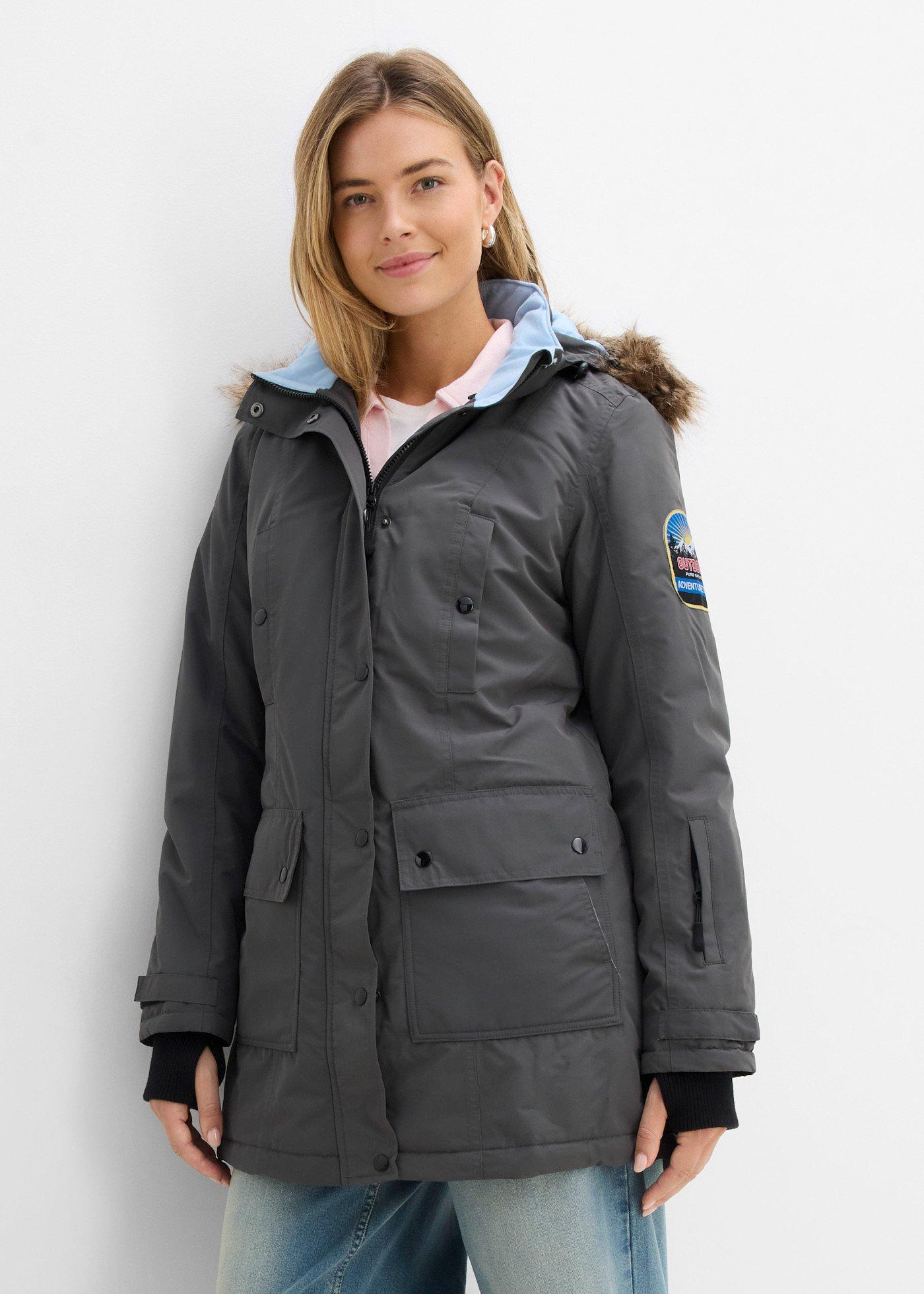 bonprix wasserdichte Funktions-Outdoor-Longjacke mit Kapuze, grau, Gr.44, Praktische Regenjacke mit abnehmbarer Kapuze für Outdoor-Aktivitäten