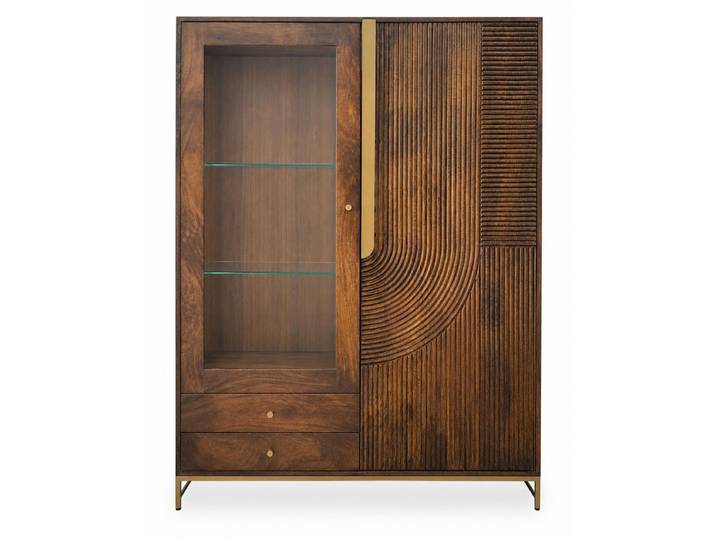 Highboard 120x160cm 'Marvello' Mango braun & Metall goldfarbig Glastür