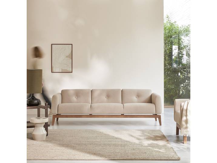3-Sitzer-Sofa Bjorn aus massiver Eiche und ecrufarbenem Stoff - Beige