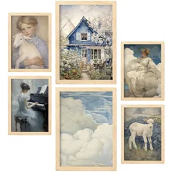 POSTER Set Mit 6 Romantischer Blau A3 & A4 Rahmen Aus Hellem Holz